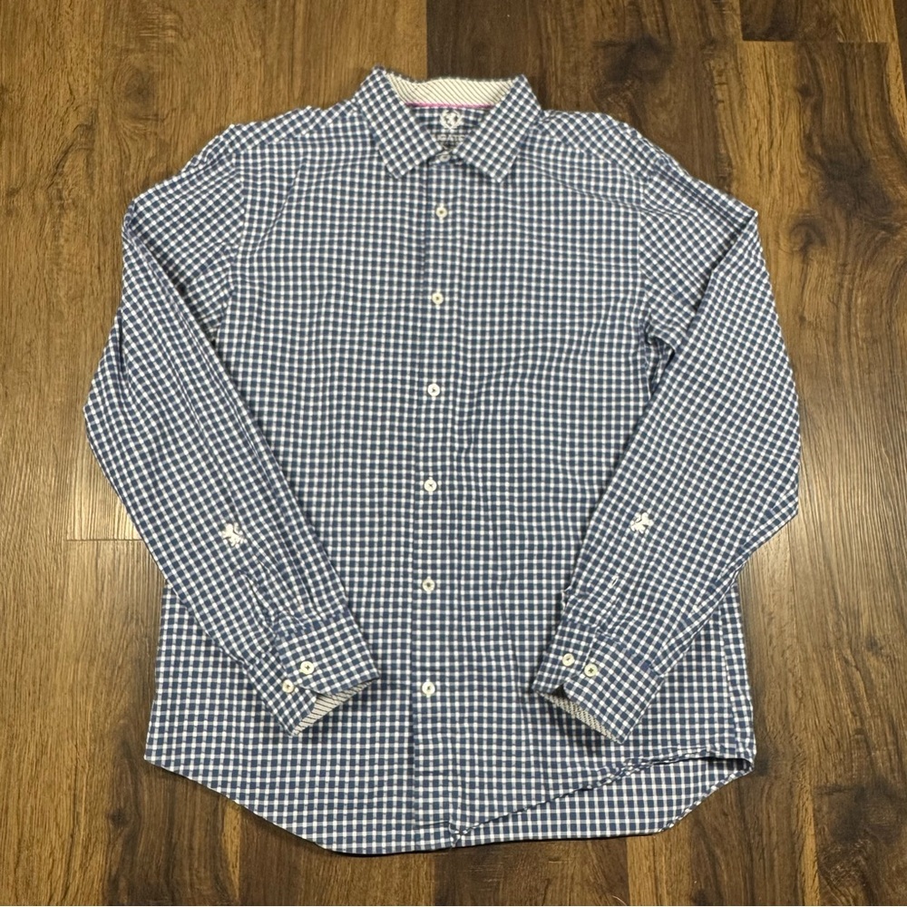 Bugatchi Uomo Button Down Long Sleeve Blue Shirt Men's Striped Shirt Size Large